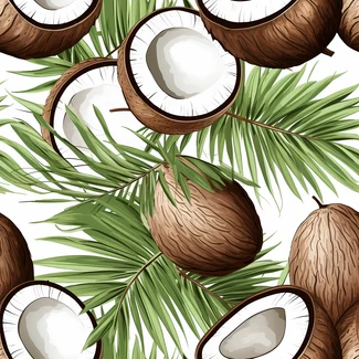 A seamless pattern of coconuts with leaves on a white background