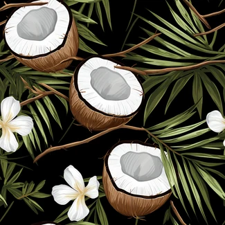 A seamless pattern featuring a botanical illustration of a coconut tree branch with white flowers, set against a black background.