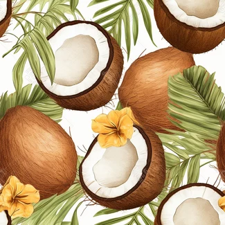 Seamless botanical illustration of coconuts and leaves on a white background.