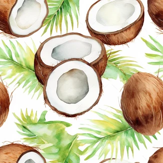 Watercolor illustration of a tropical pattern with coconuts and leaves on a white background.