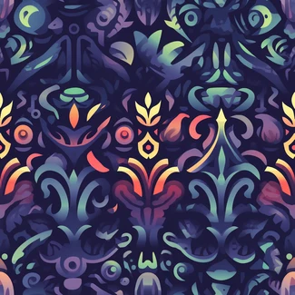Colorful baroque abstract wallpaper featuring flowers and whimsical motifs on a dark indigo background.