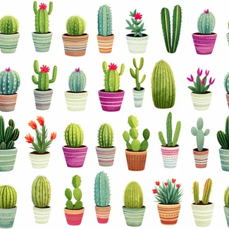 Illustration of various cactus plants in pots on a white background