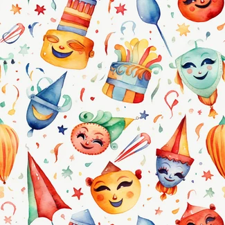 A seamless pattern featuring colorful carnival masks and toys depicted in a whimsical and emotive style.
