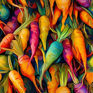 A colorful digital painting of various types of carrots with vibrant streaks and textured shading.