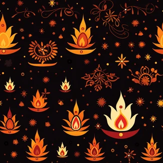 A colorful pattern of candles and diya symbols against a dark, starry night sky.