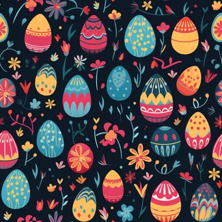 Colorful Easter eggs and flowers pattern on a dark background