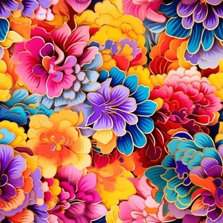 A colorful floral pattern with vibrant acrylic colors and hand-painted details.