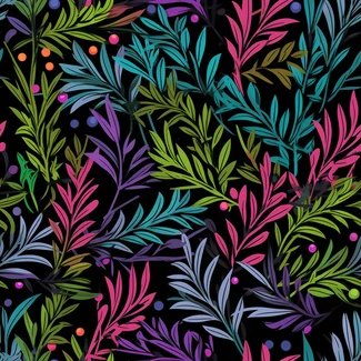 Colorful leaves seamless pattern on a dark black background with twisted branches and varying shades of pastel and neon colors.