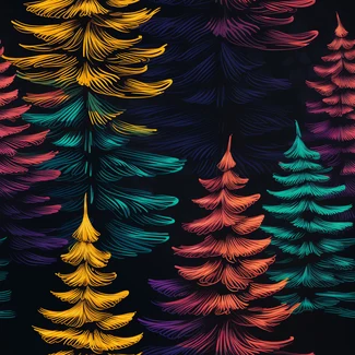 Colorful pine trees on a black background.