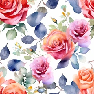 Multicolor watercolor roses seamless pattern on a white background