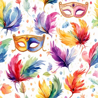 Colorful watercolor carnival masks and feathers seamless pattern