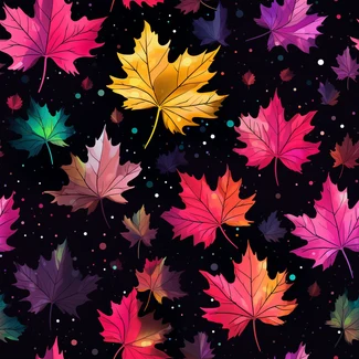 A seamless pattern featuring colorful maple leaves on a black background