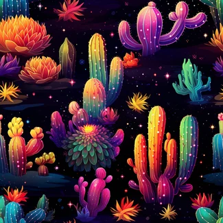 A seamless pattern of colorful cacti and plants on a dark background, reminiscent of cosmic landscapes.