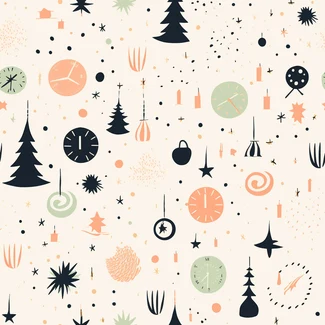 A cosmic festive pattern featuring clocks, pine trees, snowflakes, and stars on a pastel-colored background.