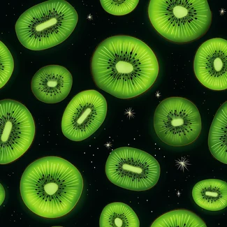 A seamless pattern of kiwi fruits in a cosmic landscape style against a dark green and black background.