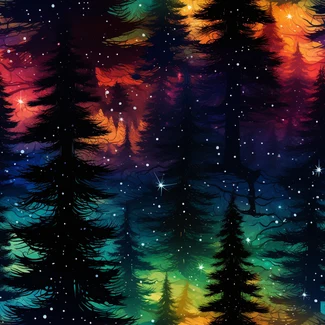 Colorful trees against a starry night sky in the Cosmic Wilderness pattern.