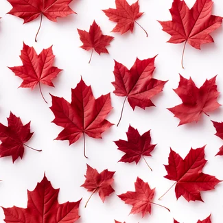 Vivid red maple leaves arranged in an ornate and playful style on a white background.