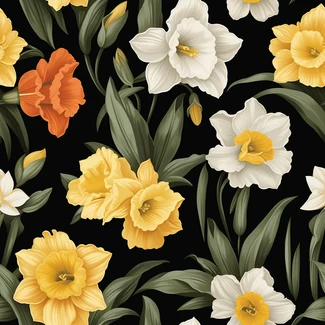 Colorful daffodil bloom pattern on a black background