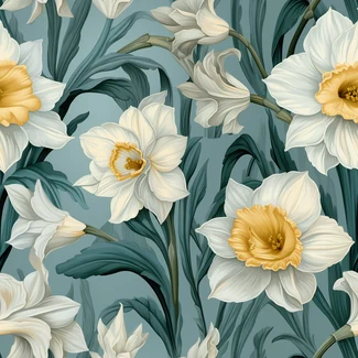Daffodil Delight seamless pattern with white and yellow daffodils on dark blue background.