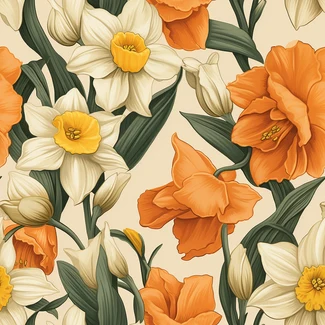 Morning Sunshine Daffodils vintage inspired seamless pattern illustration with orange and white daffodils and stems in the highly detailed realistic style on a light beige background