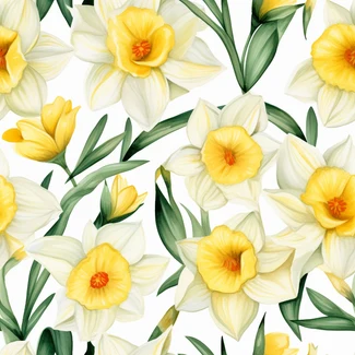 A seamless pattern featuring yellow daffodils on a white background