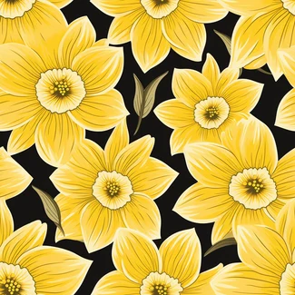 A seamless pattern featuring bright yellow daffodil flowers on a black background.