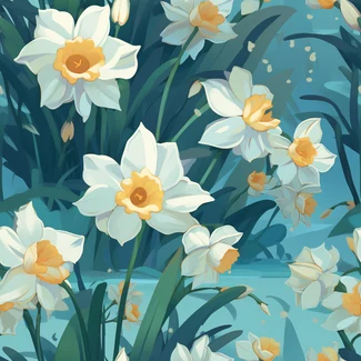 A playful pattern featuring yellow and white daffodils set against a watery blue background.