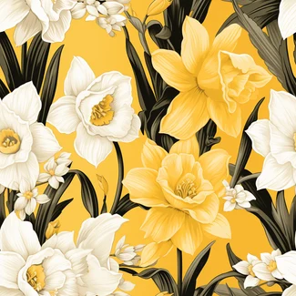 A seamless pattern featuring detailed engravings of yellow and white daffodils on a yellow background.