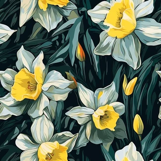 A seamless pattern of yellow daffodils and leaves against a monochrome background