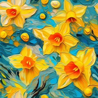 A digital painting of yellow daffodils on a blue background, with an optical illusion effect.