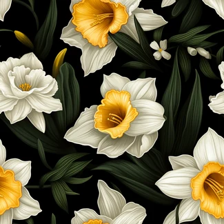 A seamless pattern of daffodils on a black background, featuring beautifully shaded flowers and highly detailed foliage.