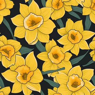 A seamless pattern featuring yellow daffodils on a black background.
