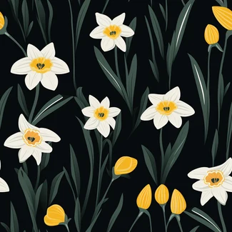 A seamless pattern featuring daffodils and leaves on a black background with white and yellow flowers.