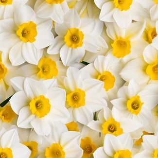 A pattern of green and white daffodils with yellow centers arranged in a minimalist style that creates an illusory effect.