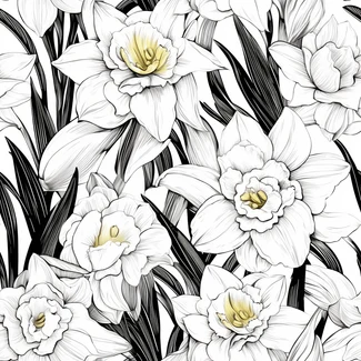 A seamless pattern of daffodils with yellow flowers on a white background. The black and white design is highly detailed with dramatic shading and layering.