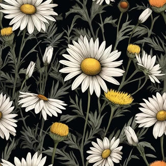 A seamless pattern of daisy flowers on a black background with highly detailed and vintage look.