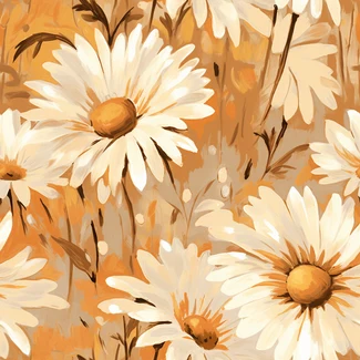 A playful pattern of daisies in warm tones and brushstrokes.