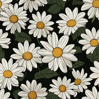 A seamless pattern of white daisies with leaves on a black background.