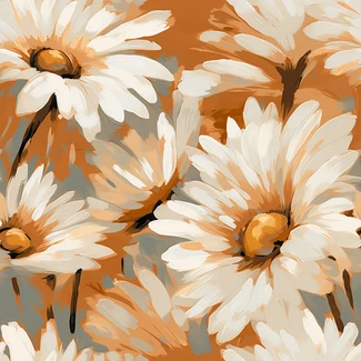 A lovely pattern of white and brown daisies on a light orange and dark gray background.