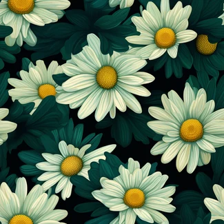 A vintage floral pattern featuring white daisy petals on a dark background.