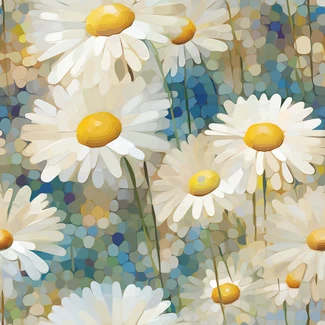 A seamless pattern of white daisies and flowers on a blue background in the style of mosaic-inspired realism.