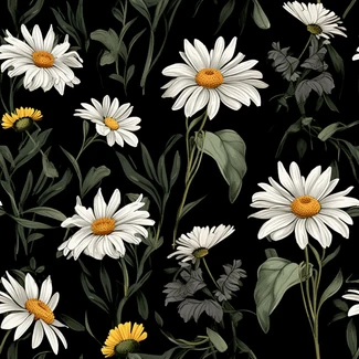 Seamless pattern of wild daisies on black background