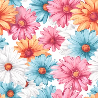 Watercolor seamless gerbera flower pattern with blue, pink and orange daisies on a white background.