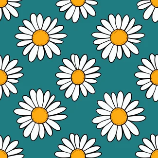 A seamless pattern featuring vibrant daisy flowers in contrasting colors on a teal background, inspired by the pop art aesthetic.