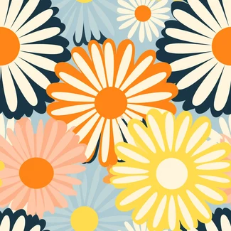 A colorful Daisy Pop Art Floral Pattern featuring a variety of daisies set against a blue and orange floral background.
