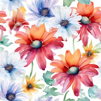 A seamless watercolor pattern featuring bright and colorful daisies on a white background