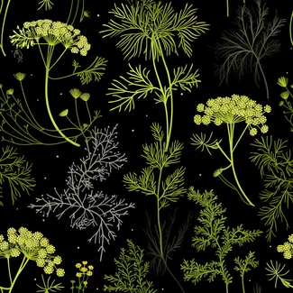 Dill botanical illustration seamless pattern on black background with green leaves, stars, and flowers.