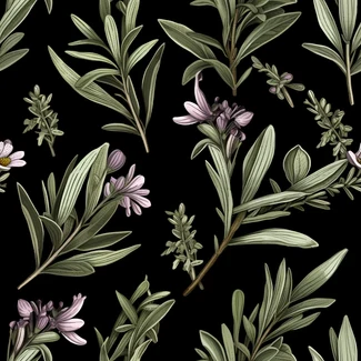 Herbs and Flowers on Black Background - A seamless pattern of lavender, thyme, basil, and rosemary on a black background.
