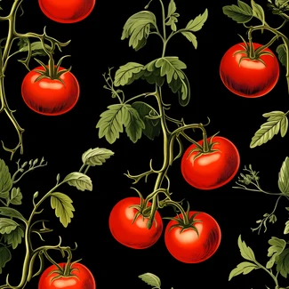 A seamless pattern featuring ripe tomatoes on the vine set against a dark background.
