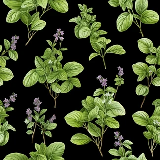 A seamless pattern featuring various herbs and flowers on a black background.
